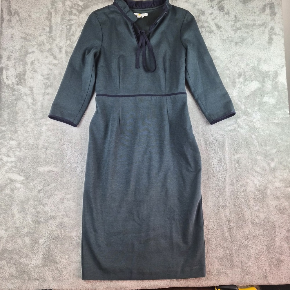 Boden Dress Womens 8R Teal Green Navy Trim Ruffle Tie Neck Midi Stretch Sheath